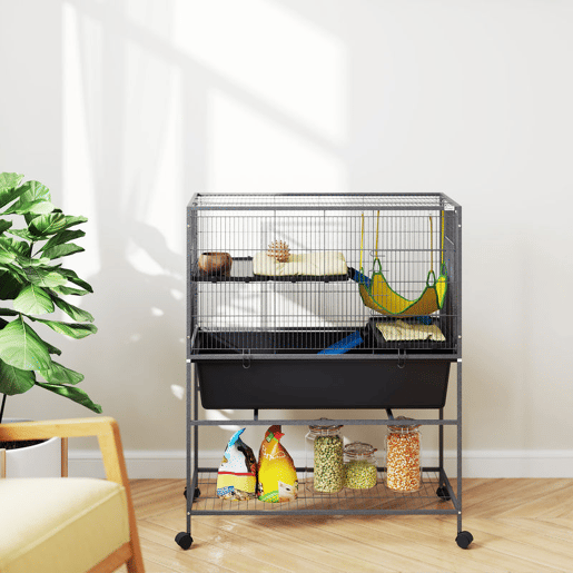 PawHut Gaiola para Animais Pequenos de 3 Níveis Gaiola para Coelhos com Rodas Rampas Rede e Bandeja Amovível Recinto para Roedores Chinchilas e Furões 88x48x102 cm Cinza Escuro