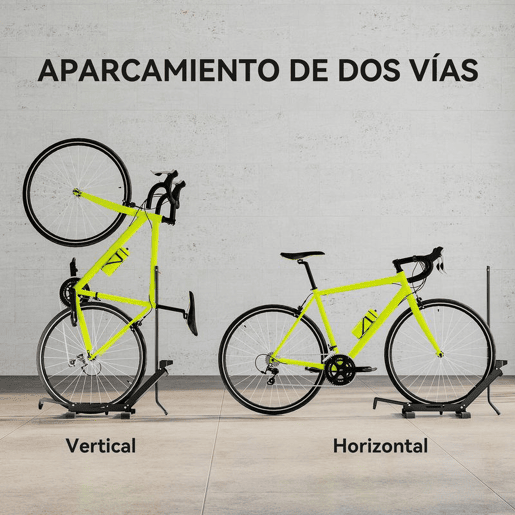 SPORTNOW Suporte de Chão para Bicicletas Vertical e Horizontal com Altura Ajustável para Rodas de 20-29 e 700c em Aço com Base Antiderrapante para Casa Garagem ou Oficina 75x41x71-81 cm Preto