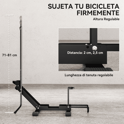 SPORTNOW Suporte de Chão para Bicicletas Vertical e Horizontal com Altura Ajustável para Rodas de 20-29 e 700c em Aço com Base Antiderrapante para Casa Garagem ou Oficina 75x41x71-81 cm Preto