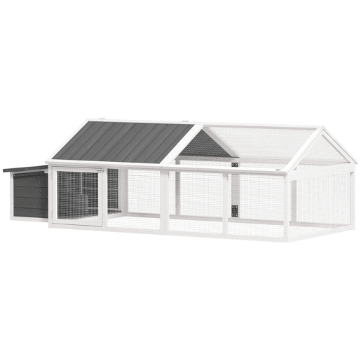 PawHut Galinheiro de Madeira Galinheiro de Exterior Espaçoso de 2 Andares para 4-8 Galinhas com Teto Abatível Cercado Portas com Fechadura e Caixa Ninho 240x112,5x76 cm branco e Cinza