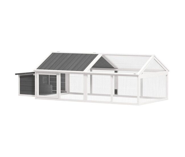 Pawhut gallinero para exterior 240x112,5x76 cm gallinero de madera con techo abatible corral puertas con cerradura y nido para gallinas conejos patos blanco y gris