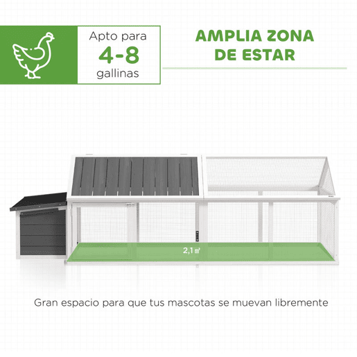 PawHut Galinheiro de Madeira Galinheiro de Exterior Espaçoso de 2 Andares para 4-8 Galinhas com Teto Abatível Cercado Portas com Fechadura e Caixa Ninho 240x112,5x76 cm branco e Cinza
