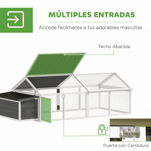 PawHut Galinheiro de Madeira Galinheiro de Exterior Espaçoso de 2 Andares para 4-8 Galinhas com Teto Abatível Cercado Portas com Fechadura e Caixa Ninho 240x112,5x76 cm branco e Cinza