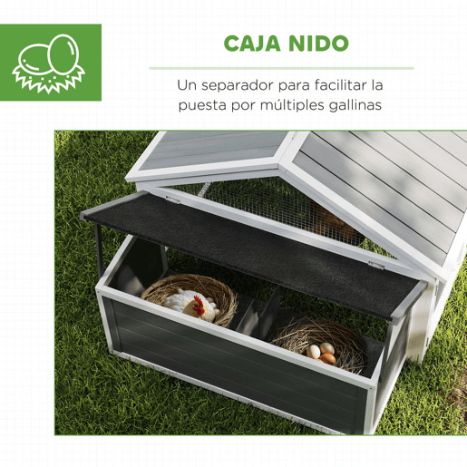 PawHut Galinheiro de Madeira Galinheiro de Exterior Espaçoso de 2 Andares para 4-8 Galinhas com Teto Abatível Cercado Portas com Fechadura e Caixa Ninho 240x112,5x76 cm branco e Cinza