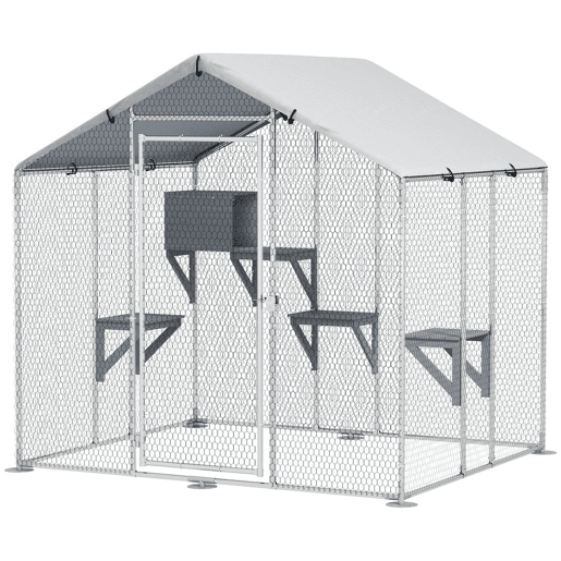 PawHut Gaiola para Gatos de Exterior Recinto para Gatos com Cobertura Impermeável 420D Plataformas para 5 Gatos Refúgio para Galinhas Coelhos 200x170x195 cm Prata