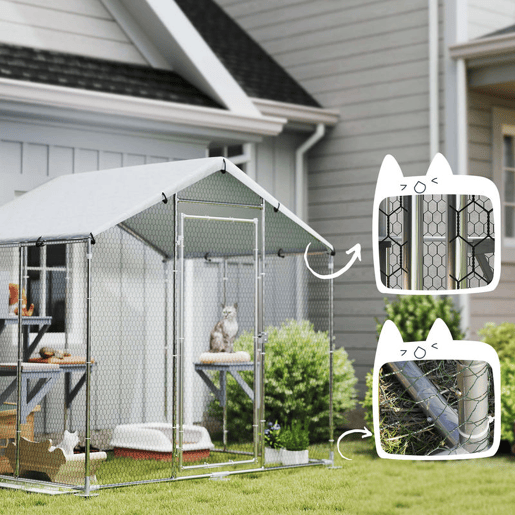 PawHut Gaiola para Gatos de Exterior Recinto para Gatos com Cobertura Impermeável 420D Plataformas para 5 Gatos Refúgio para Galinhas Coelhos 200x170x195 cm Prata