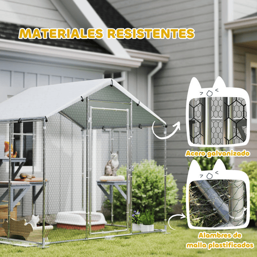PawHut Gaiola para Gatos de Exterior Recinto para Gatos com Cobertura Impermeável 420D Plataformas para 5 Gatos Refúgio para Galinhas Coelhos 200x170x195 cm Prata