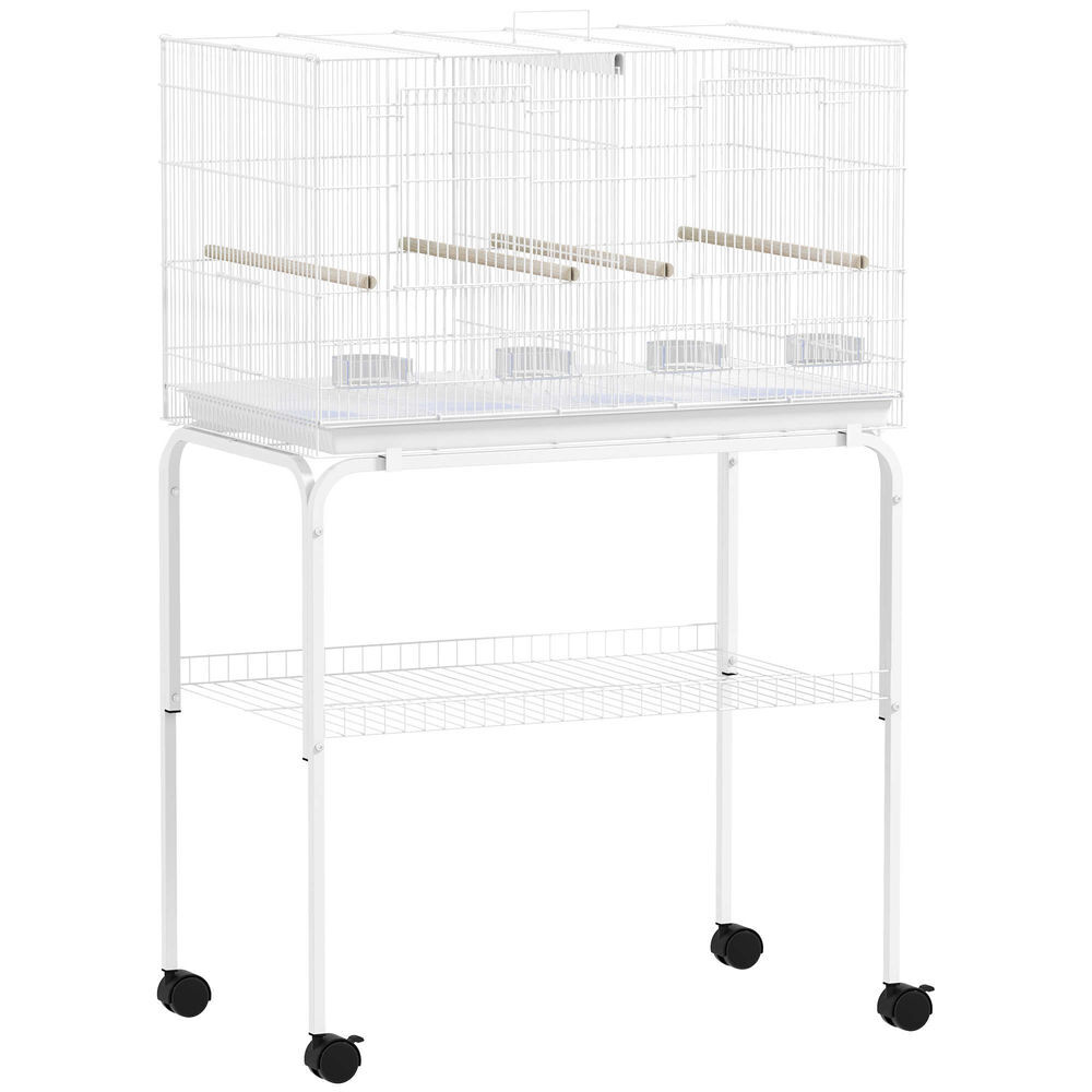 Pawhut jaula para pájaros con divisor, 76x46x116 cm, pajarera con ruedas, 4 comederos, 4 perchas y bandeja extraíble, jaula para loros, canarios, periquitos, blanco