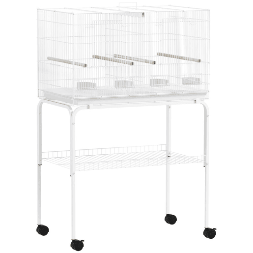 PawHut Gaiola para Pássaros com Divisória Gaiola com Rodas para Aves Papagaios Canários Gaiola para Aves com Comedouros Poleiros e Bandeja Removível, 76x46x116 cm Branco
