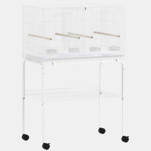 PawHut Gaiola para Pássaros com Divisória Gaiola com Rodas para Aves Papagaios Canários Gaiola para Aves com Comedouros Poleiros e Bandeja Removível, 76x46x116 cm Branco