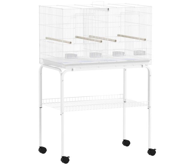 Pawhut jaula para pájaros con divisor, 76x46x116 cm, pajarera con ruedas, 4 comederos, 4 perchas y bandeja extraíble, jaula para loros, canarios, periquitos, blanco