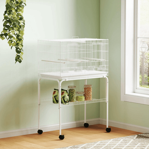 PawHut Gaiola para Pássaros com Divisória Gaiola com Rodas para Aves Papagaios Canários Gaiola para Aves com Comedouros Poleiros e Bandeja Removível, 76x46x116 cm Branco