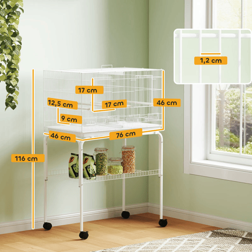 PawHut Gaiola para Pássaros com Divisória Gaiola com Rodas para Aves Papagaios Canários Gaiola para Aves com Comedouros Poleiros e Bandeja Removível, 76x46x116 cm Branco