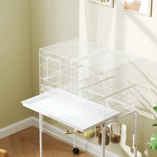 PawHut Gaiola para Pássaros com Divisória Gaiola com Rodas para Aves Papagaios Canários Gaiola para Aves com Comedouros Poleiros e Bandeja Removível, 76x46x116 cm Branco