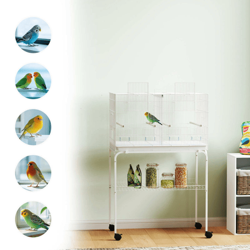 PawHut Gaiola para Pássaros com Divisória Gaiola com Rodas para Aves Papagaios Canários Gaiola para Aves com Comedouros Poleiros e Bandeja Removível, 76x46x116 cm Branco