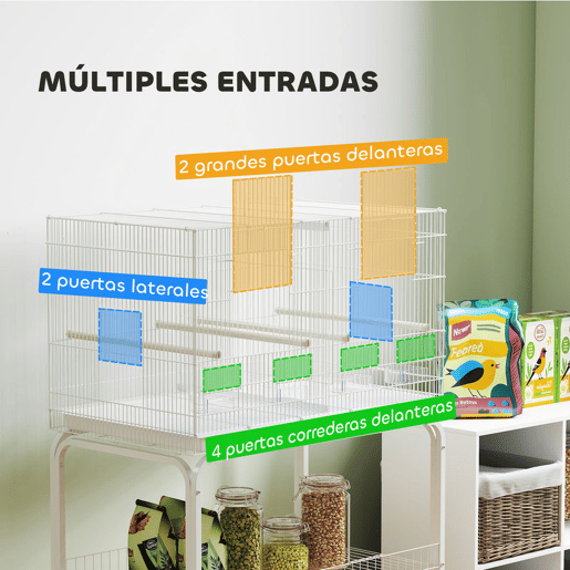 PawHut Gaiola para Pássaros com Divisória Gaiola com Rodas para Aves Papagaios Canários Gaiola para Aves com Comedouros Poleiros e Bandeja Removível, 76x46x116 cm Branco
