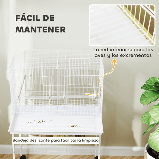 PawHut Gaiola para Pássaros com Divisória Gaiola com Rodas para Aves Papagaios Canários Gaiola para Aves com Comedouros Poleiros e Bandeja Removível, 76x46x116 cm Branco