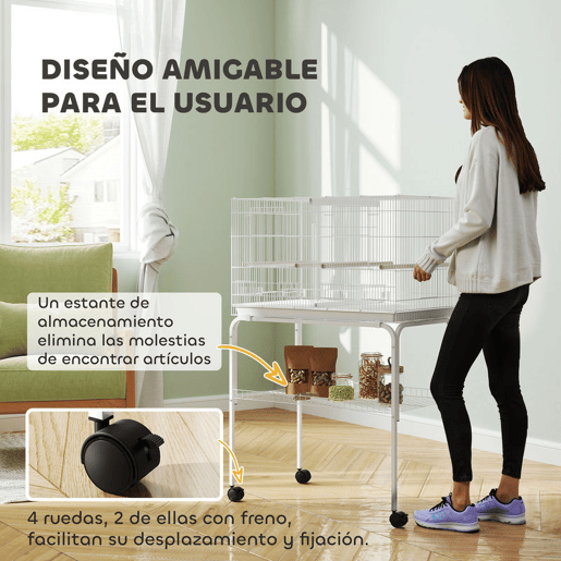 PawHut Gaiola para Pássaros com Divisória Gaiola com Rodas para Aves Papagaios Canários Gaiola para Aves com Comedouros Poleiros e Bandeja Removível, 76x46x116 cm Branco