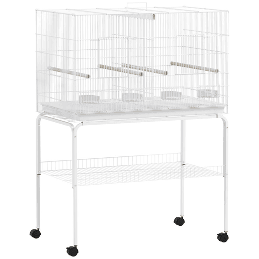 PawHut Gaiola para Pássaros com Divisória Gaiola com Rodas para Aves Papagaios Canários Gaiola para Aves com Comedouros Poleiros e Bandeja Removível, 94x57x128 cm Branco