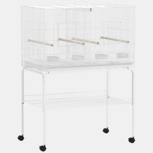 PawHut Gaiola para Pássaros com Divisória Gaiola com Rodas para Aves Papagaios Canários Gaiola para Aves com Comedouros Poleiros e Bandeja Removível, 94x57x128 cm Branco