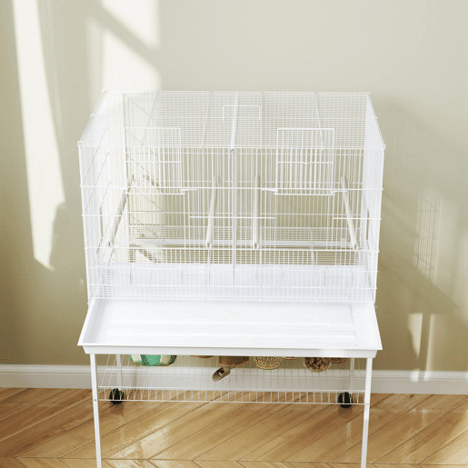 PawHut Gaiola para Pássaros com Divisória Gaiola com Rodas para Aves Papagaios Canários Gaiola para Aves com Comedouros Poleiros e Bandeja Removível, 94x57x128 cm Branco