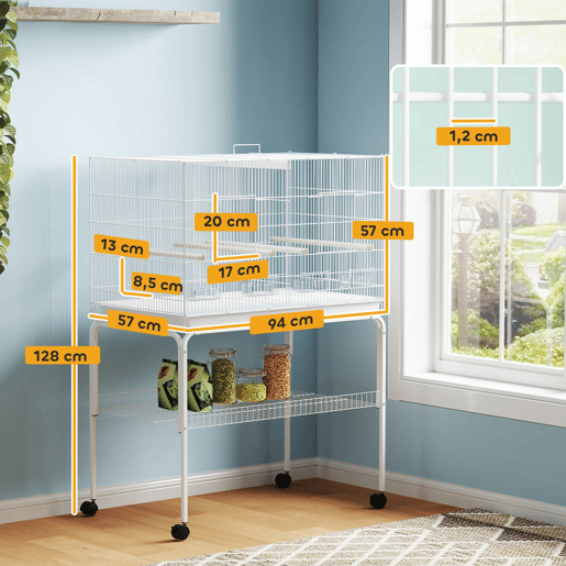 PawHut Gaiola para Pássaros com Divisória Gaiola com Rodas para Aves Papagaios Canários Gaiola para Aves com Comedouros Poleiros e Bandeja Removível, 94x57x128 cm Branco