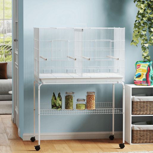 PawHut Gaiola para Pássaros com Divisória Gaiola com Rodas para Aves Papagaios Canários Gaiola para Aves com Comedouros Poleiros e Bandeja Removível, 94x57x128 cm Branco