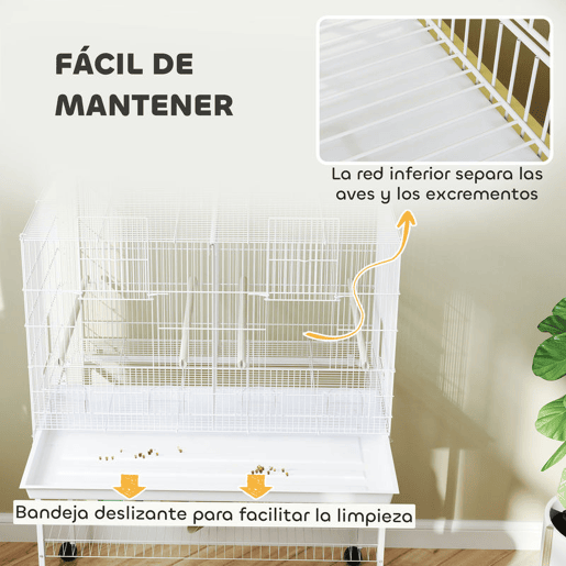 PawHut Gaiola para Pássaros com Divisória Gaiola com Rodas para Aves Papagaios Canários Gaiola para Aves com Comedouros Poleiros e Bandeja Removível, 94x57x128 cm Branco