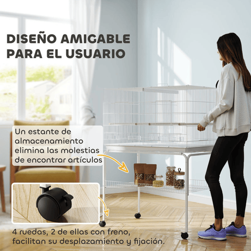 PawHut Gaiola para Pássaros com Divisória Gaiola com Rodas para Aves Papagaios Canários Gaiola para Aves com Comedouros Poleiros e Bandeja Removível, 94x57x128 cm Branco