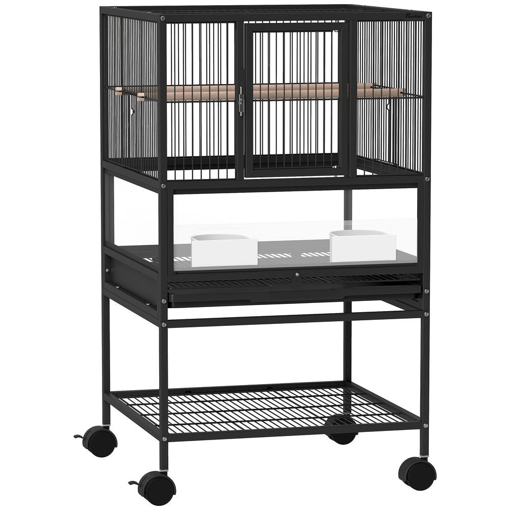 Pawhut jaula para pájaros jaula grande con ruedas paneles acrílicos comederos perchas estante bandejas extraíbles pajarera para loros canarios 48x46x83 cm negro