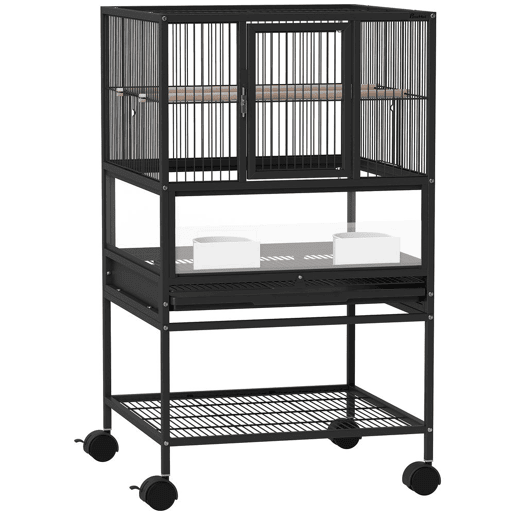 PawHut Gaiola para Pássaros Gaiola Grande com Rodas Painéis Acrílicos Comedouros Poleiros Prateleira Bandeja Amovível Gaiola para Papagaios Canários 48x46x83 cm Preto