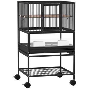 PawHut Gaiola para Pássaros Gaiola Grande com Rodas Painéis Acrílicos Comedouros Poleiros Prateleira Bandeja Amovível Gaiola para Papagaios Canários 48x46x83 cm Preto