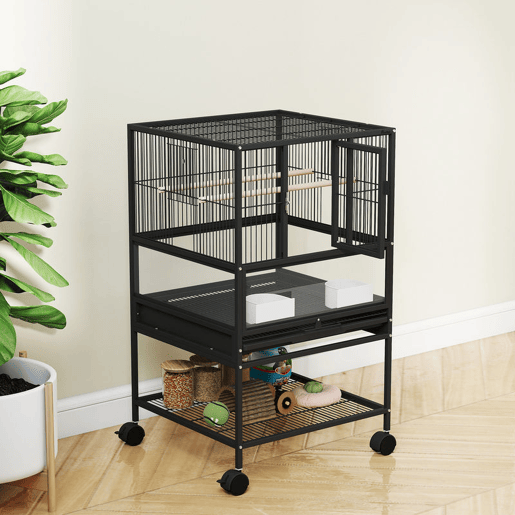 PawHut Gaiola para Pássaros Gaiola Grande com Rodas Painéis Acrílicos Comedouros Poleiros Prateleira Bandeja Amovível Gaiola para Papagaios Canários 48x46x83 cm Preto