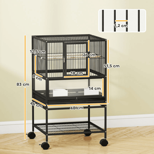 PawHut Gaiola para Pássaros Gaiola Grande com Rodas Painéis Acrílicos Comedouros Poleiros Prateleira Bandeja Amovível Gaiola para Papagaios Canários 48x46x83 cm Preto