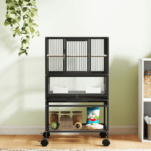 PawHut Gaiola para Pássaros Gaiola Grande com Rodas Painéis Acrílicos Comedouros Poleiros Prateleira Bandeja Amovível Gaiola para Papagaios Canários 48x46x83 cm Preto