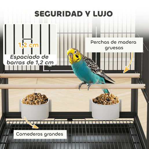 PawHut Gaiola para Pássaros Gaiola Grande com Rodas Painéis Acrílicos Comedouros Poleiros Prateleira Bandeja Amovível Gaiola para Papagaios Canários 48x46x83 cm Preto