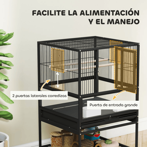 PawHut Gaiola para Pássaros Gaiola Grande com Rodas Painéis Acrílicos Comedouros Poleiros Prateleira Bandeja Amovível Gaiola para Papagaios Canários 48x46x83 cm Preto