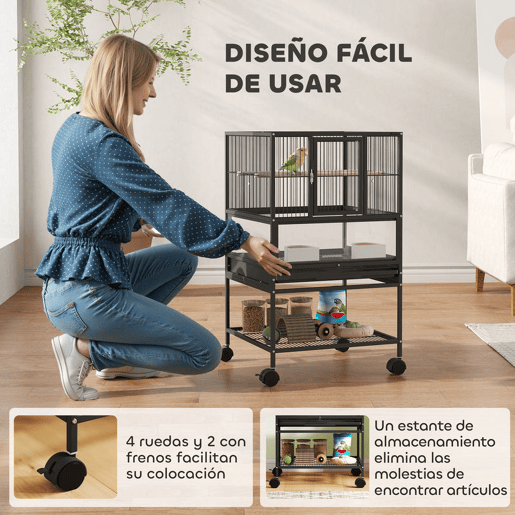 PawHut Gaiola para Pássaros Gaiola Grande com Rodas Painéis Acrílicos Comedouros Poleiros Prateleira Bandeja Amovível Gaiola para Papagaios Canários 48x46x83 cm Preto