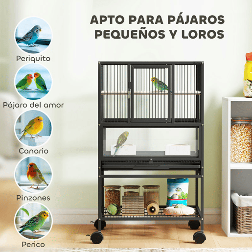PawHut Gaiola para Pássaros Gaiola Grande com Rodas Painéis Acrílicos Comedouros Poleiros Prateleira Bandeja Amovível Gaiola para Papagaios Canários 48x46x83 cm Preto