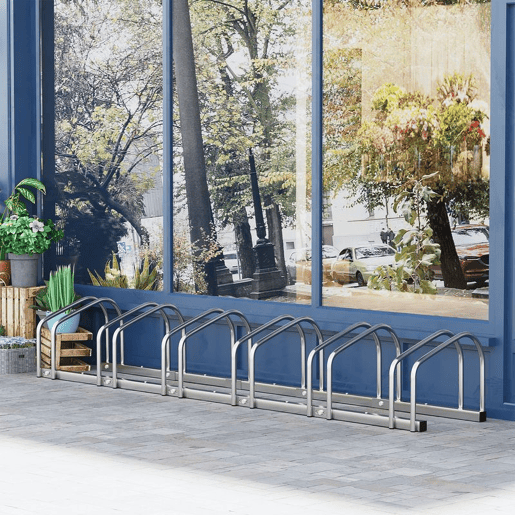 HOMCOM Estacionamento para 6 Bicicletas Suporte de Aço para Estacionar Bicicletas no Chão para Interior e Exterior 179x33x27 cm Prata