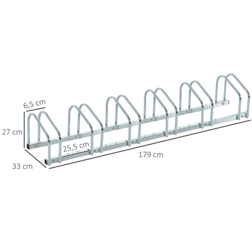 HOMCOM Estacionamento para 6 Bicicletas Suporte de Aço para Estacionar Bicicletas no Chão para Interior e Exterior 179x33x27 cm Prata