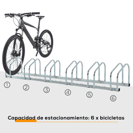 HOMCOM Estacionamento para 6 Bicicletas Suporte de Aço para Estacionar Bicicletas no Chão para Interior e Exterior 179x33x27 cm Prata