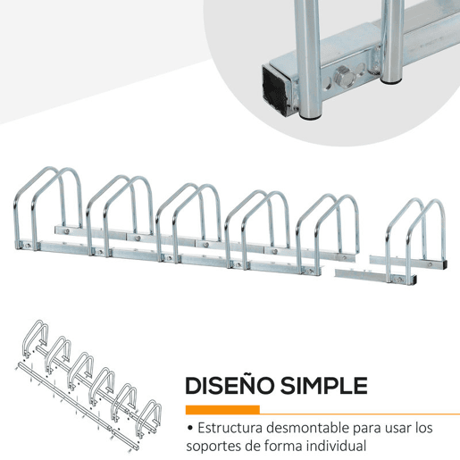 HOMCOM Estacionamento para 6 Bicicletas Suporte de Aço para Estacionar Bicicletas no Chão para Interior e Exterior 179x33x27 cm Prata