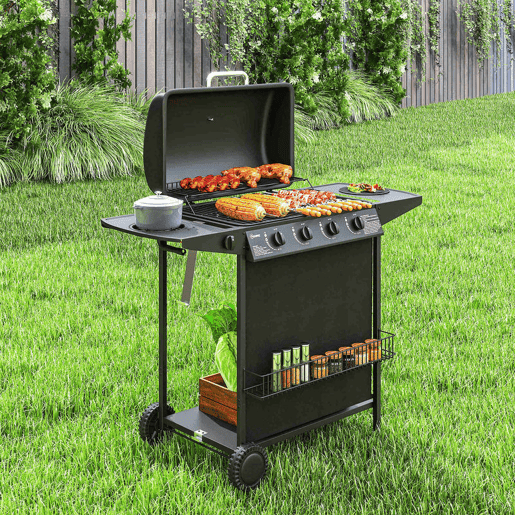 Outsunny Barbecue a Gás com 4+1 Queimadores 12 kW Barbecue Portátil com Termómetro Mesa Lateral Prateleira para Temperos Grelha Recolhedor de Gordura 2 Rodas para Jardim Exterior Campismo 121x54x97 cm Preto