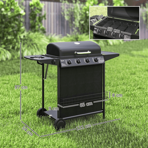 Outsunny Barbecue a Gás com 4+1 Queimadores 12 kW Barbecue Portátil com Termómetro Mesa Lateral Prateleira para Temperos Grelha Recolhedor de Gordura 2 Rodas para Jardim Exterior Campismo 121x54x97 cm Preto
