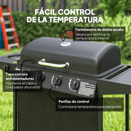 Outsunny Barbecue a Gás com 4+1 Queimadores 12 kW Barbecue Portátil com Termómetro Mesa Lateral Prateleira para Temperos Grelha Recolhedor de Gordura 2 Rodas para Jardim Exterior Campismo 121x54x97 cm Preto
