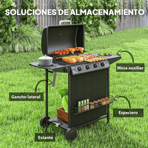 Outsunny Barbecue a Gás com 4+1 Queimadores 12 kW Barbecue Portátil com Termómetro Mesa Lateral Prateleira para Temperos Grelha Recolhedor de Gordura 2 Rodas para Jardim Exterior Campismo 121x54x97 cm Preto