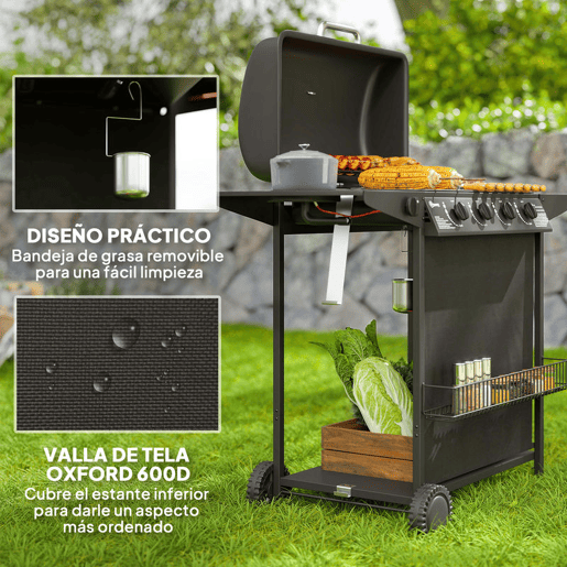 Outsunny Barbecue a Gás com 4+1 Queimadores 12 kW Barbecue Portátil com Termómetro Mesa Lateral Prateleira para Temperos Grelha Recolhedor de Gordura 2 Rodas para Jardim Exterior Campismo 121x54x97 cm Preto