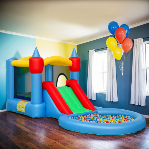 AIYAPLAY Castelo Insuflável com Insuflador 4 em 1 Castelo Insuflável para Crianças com Escorrega Piscina de Bolas Cesto e Saco de Transporte para Exterior e Interior 415x205x190 cm Multicor