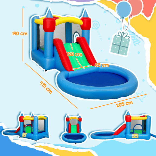 AIYAPLAY Castelo Insuflável com Insuflador 4 em 1 Castelo Insuflável para Crianças com Escorrega Piscina de Bolas Cesto e Saco de Transporte para Exterior e Interior 415x205x190 cm Multicor